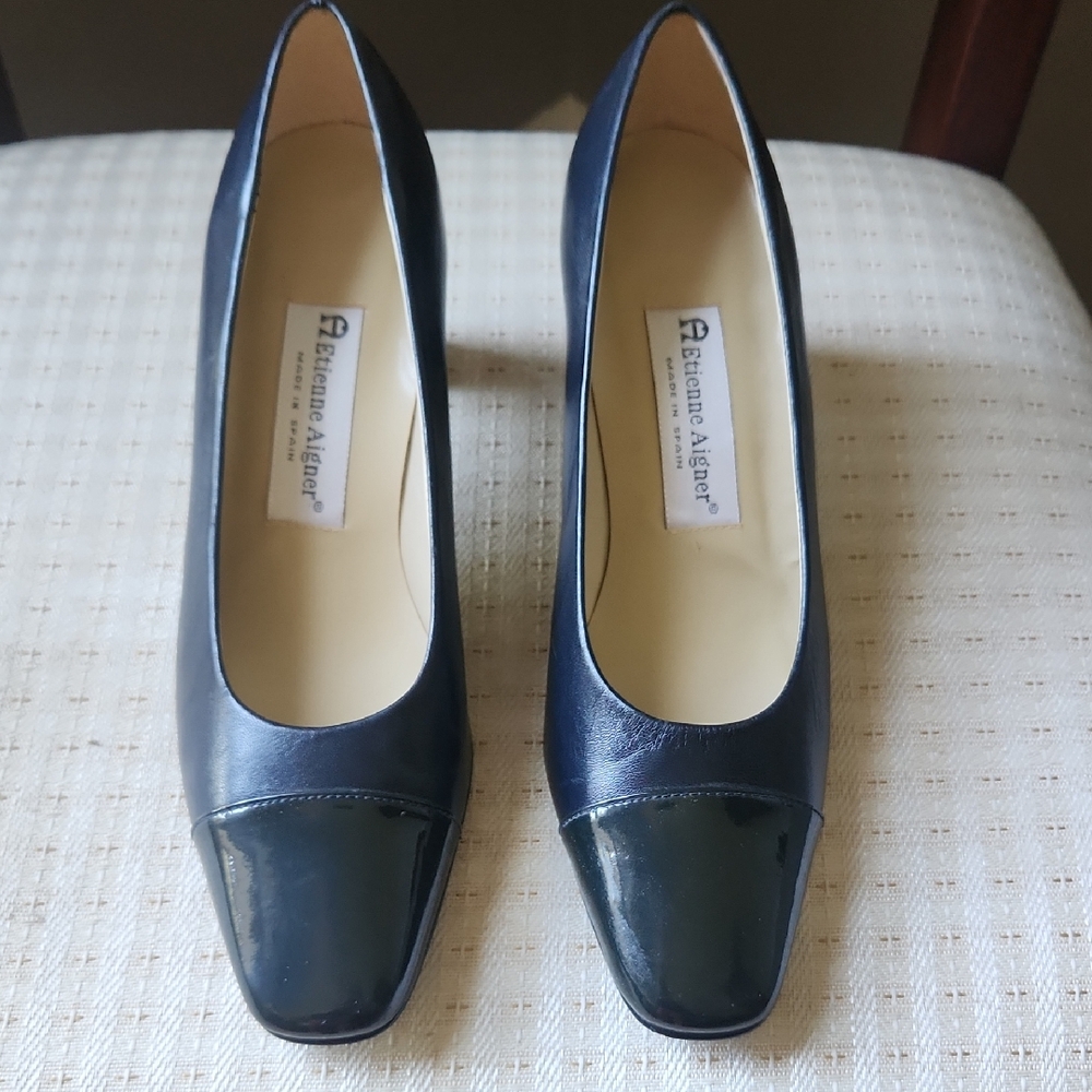 Etienne Aigner Navy Blue with Patent Black Patent Heel and Toe Leather Heels